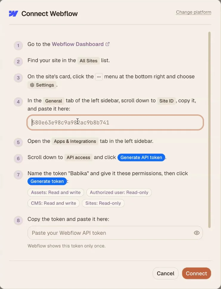 The Connect Webflow dialog with numbered steps for finding your Site ID and generating an API token with the right permissions